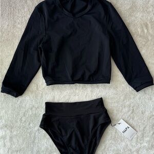 Black Long-Sleeve Bikini Set - High-Waist Bottoms